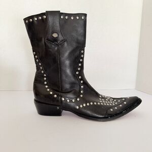 VTG Harley Davidson Black Leather, Pointed, Studded Boots, 9.5, Western Biker